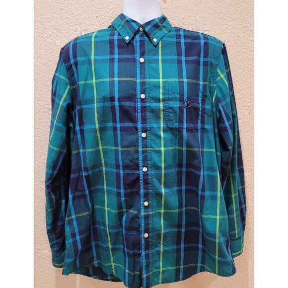 Chaps Blue Green Plaid Button Up Men's Shirt Large Easy Care Long Sleeves - Picture 1 of 4